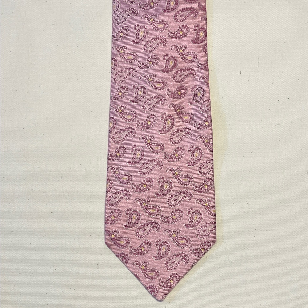 PAUL FREDRICK Silk Hand-Tailored Pink & Gold Paisley Tie Preppy Office Classic - Picture 4 of 6